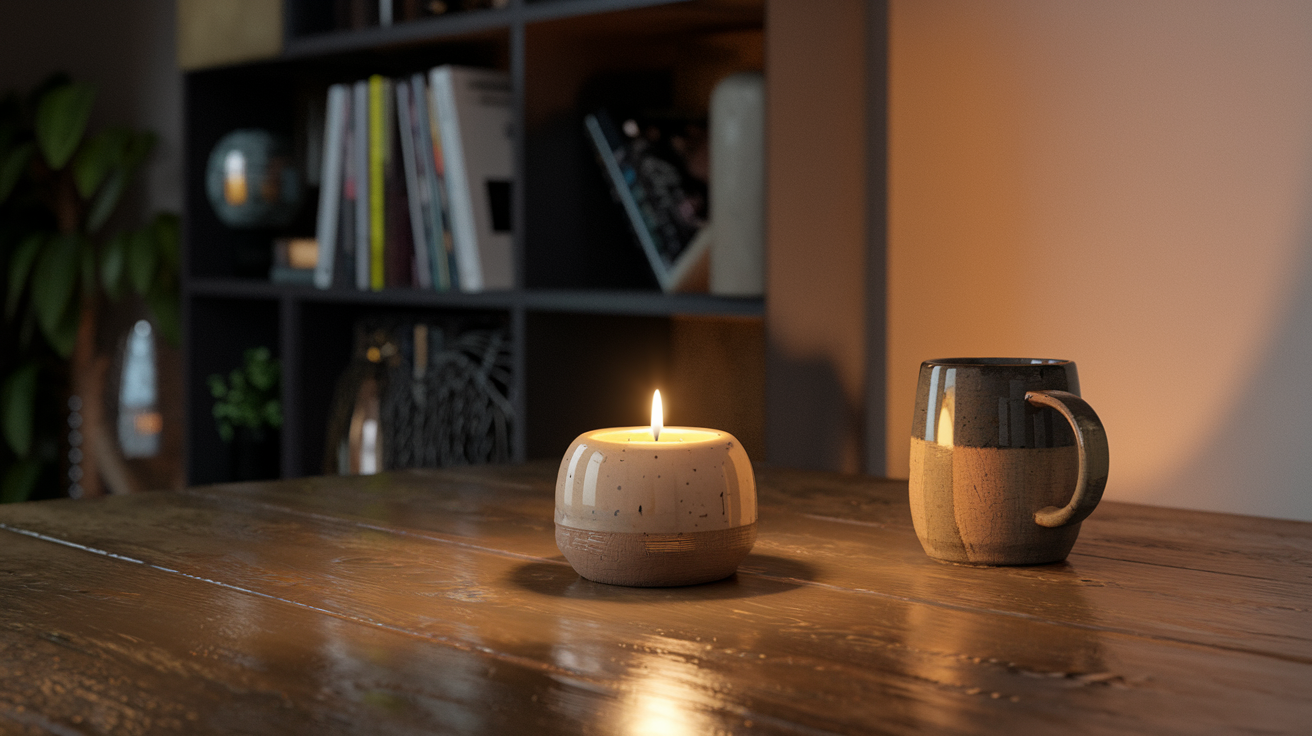 Decorative ceramic candle on wooden surface