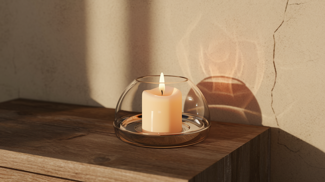 Candle in glass dome on wooden surface